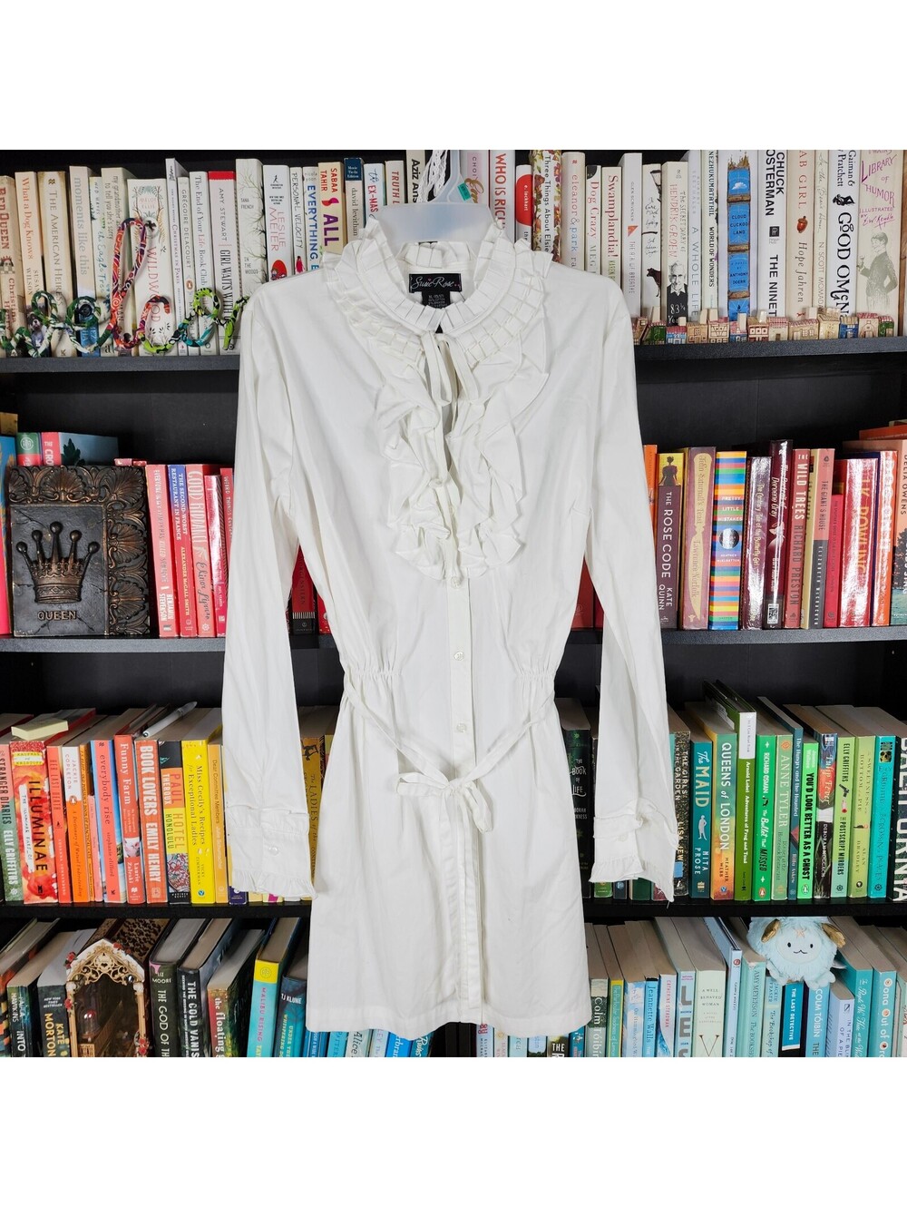 Susie Rose White Ruffle Button Front Shirt Dress XL Belted Victorian Style